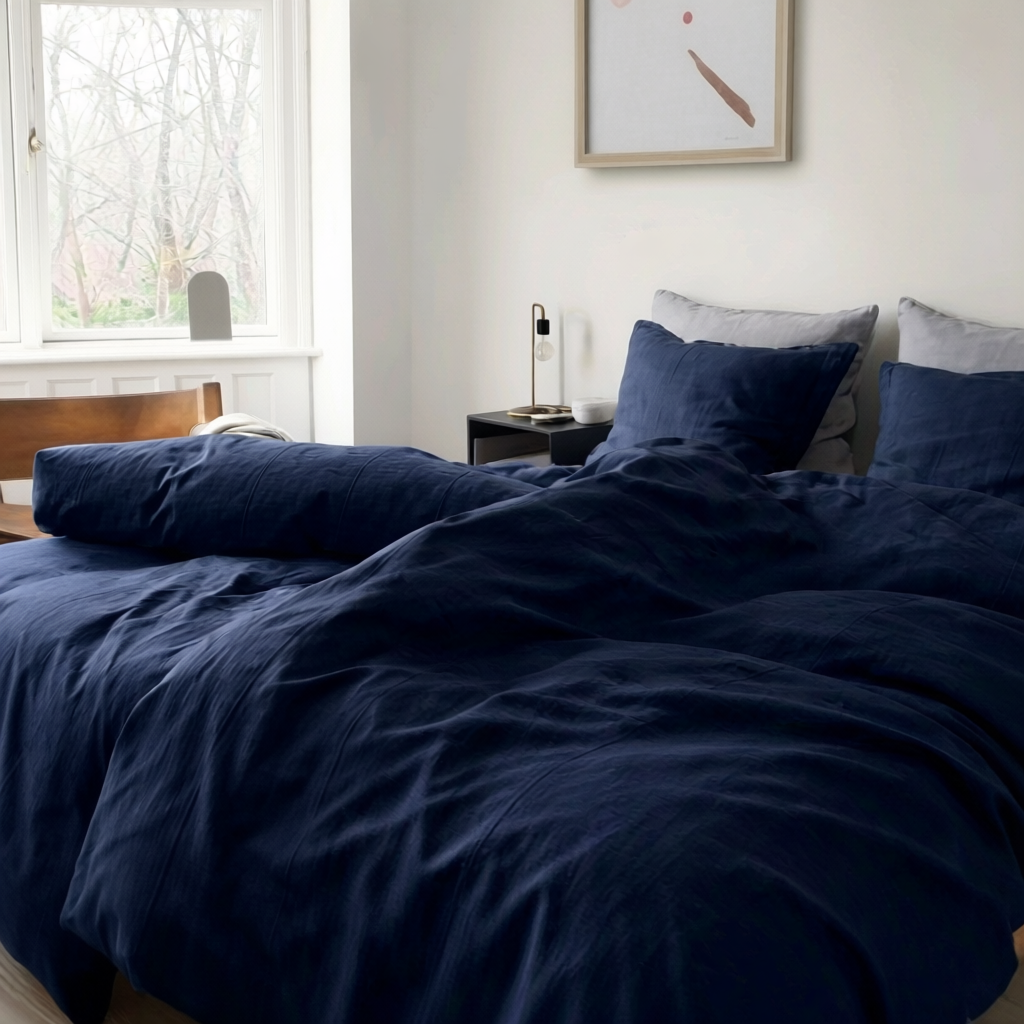 Bettwäsche Set: Halbleinen navyblau