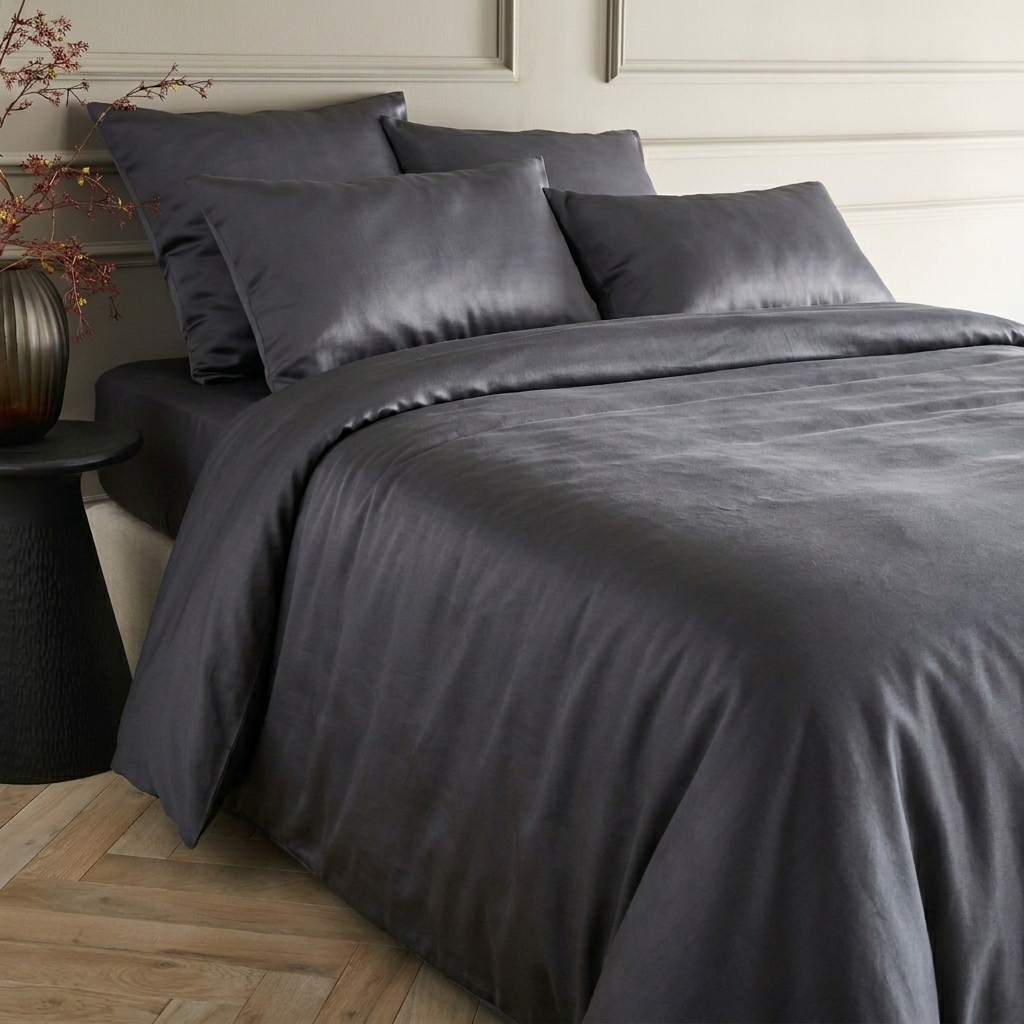 Bettwäsche Set: Baumwoll Satin dunkelgrau