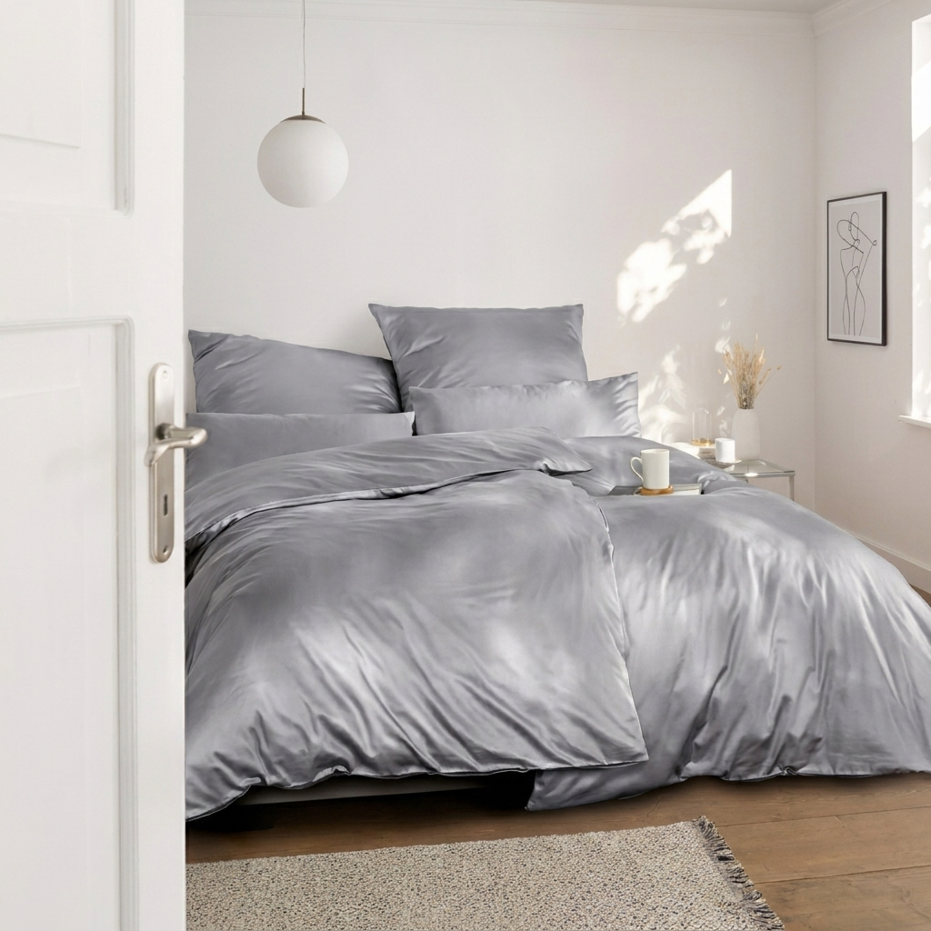 Bettwäsche Set: Baumwoll Satin hellgrau