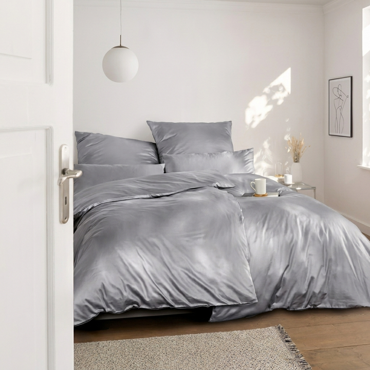 Bettwäsche Set: Baumwoll Satin hellgrau