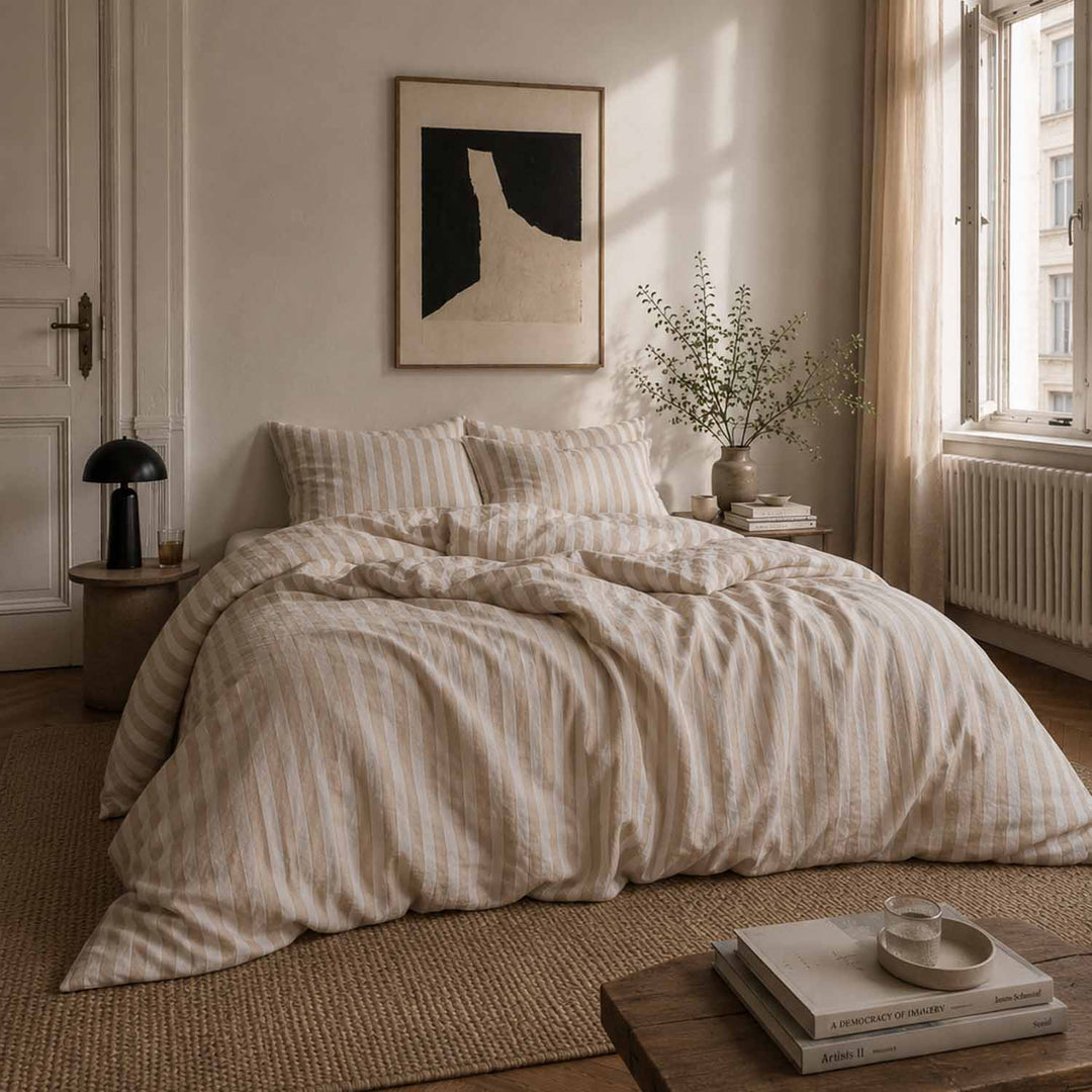 Bettwäsche Set: Halbleinen weiß beige gestreift – seit1832